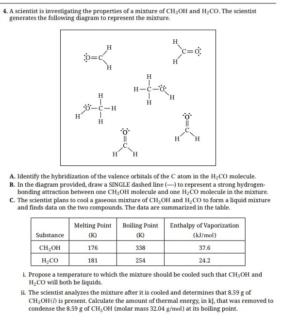 Diagram showing molecules of CH₃OH and H₂CO in a mixture, accompanied by questions on hybridization, hydrogen bonding, phase changes, and a table of melting points, boiling points, and enthalpies of vaporization.