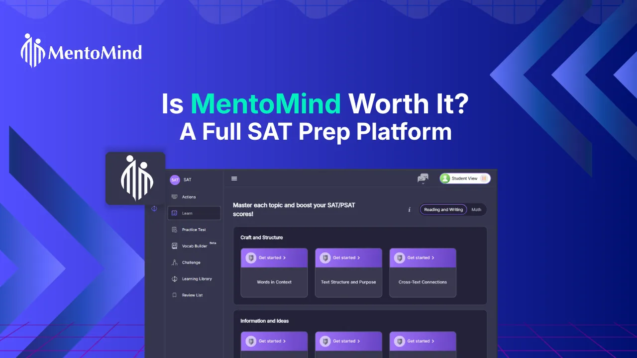Online tutoring platform MentoMind featuring SAT, ACT, and AP Math practice, personalized learning, and step-by-step explanations