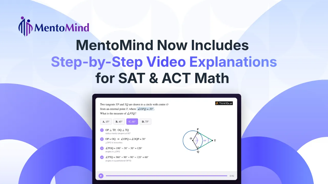 MentoMind dashboard showing step-by-step video explanations for SAT math practice and ACT math questions with interactive visual learning.