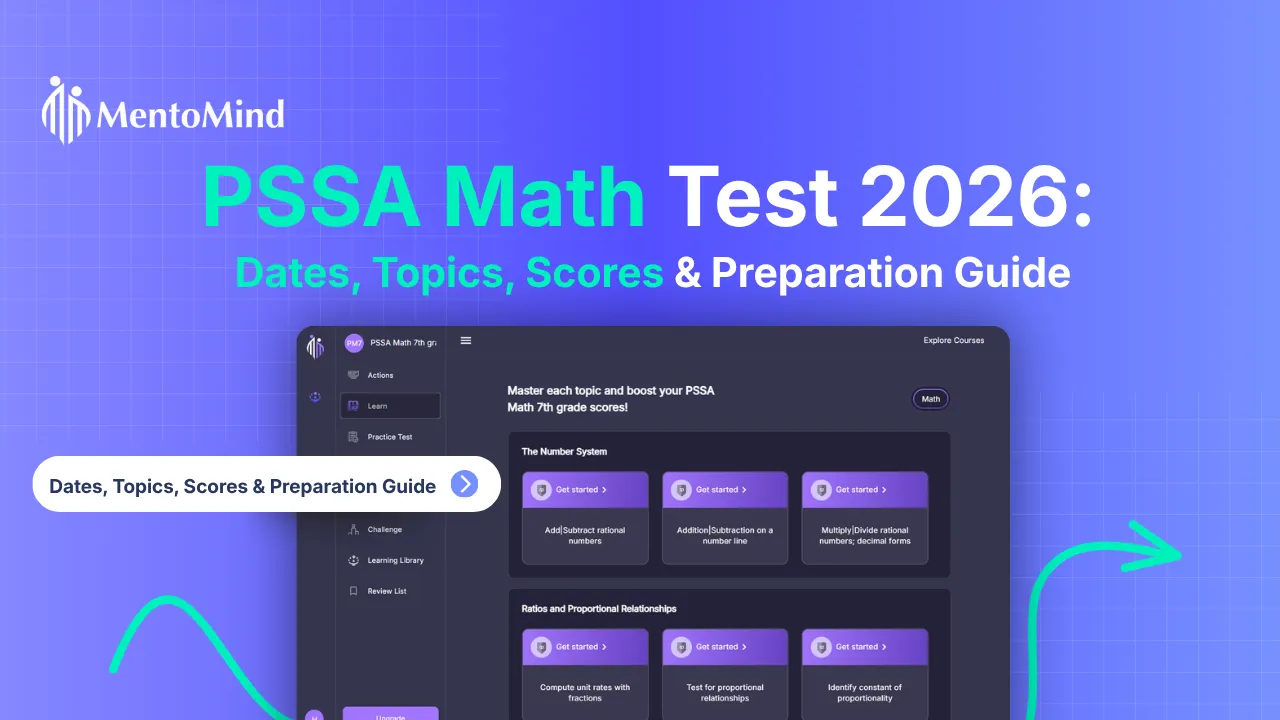 Illustration showing the PSSA Math Test 2026 preparation guide with dates, topics, scores, and an online PSSA math practice dashboard for students in grades 3 to 8