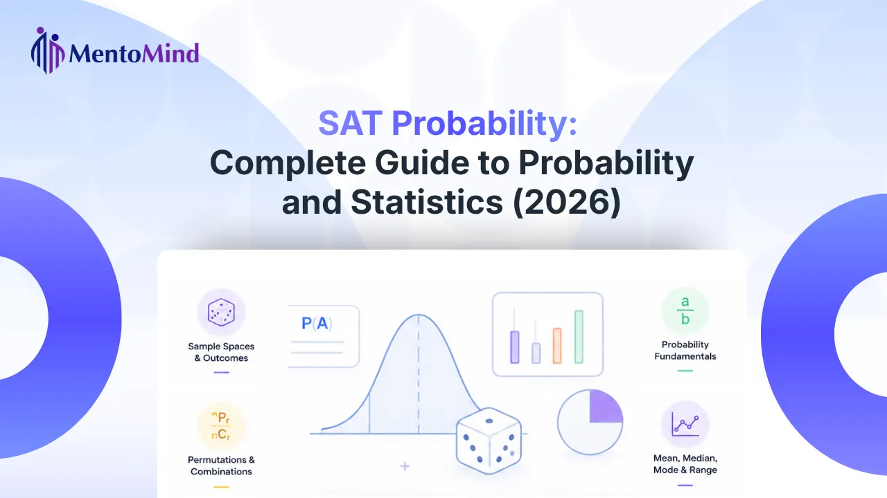 SAT probability questions guide covering probability fundamentals, sample spaces, permutations, combinations, and statistics.
