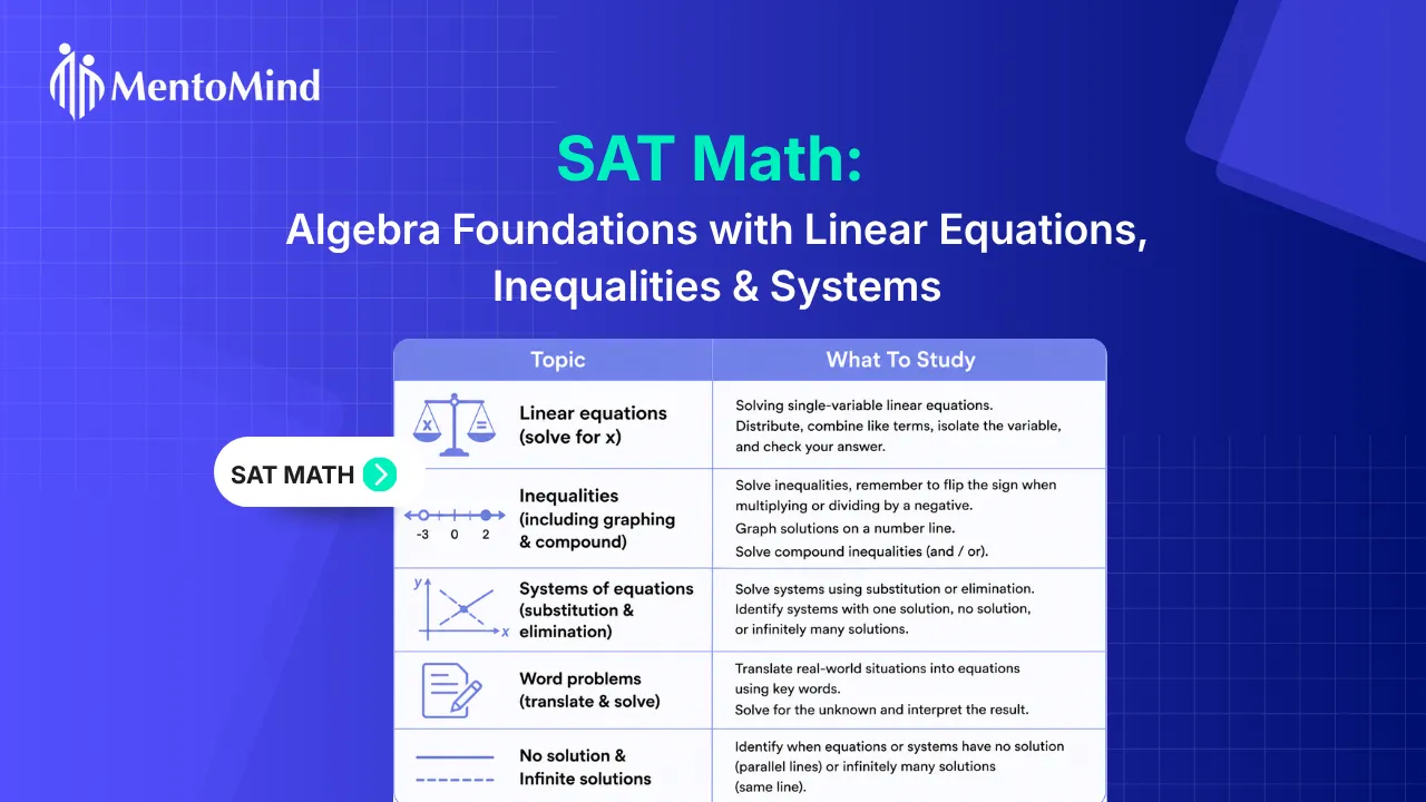 Algebra problems guide for SAT Math covering linear equations, inequalities, and systems.