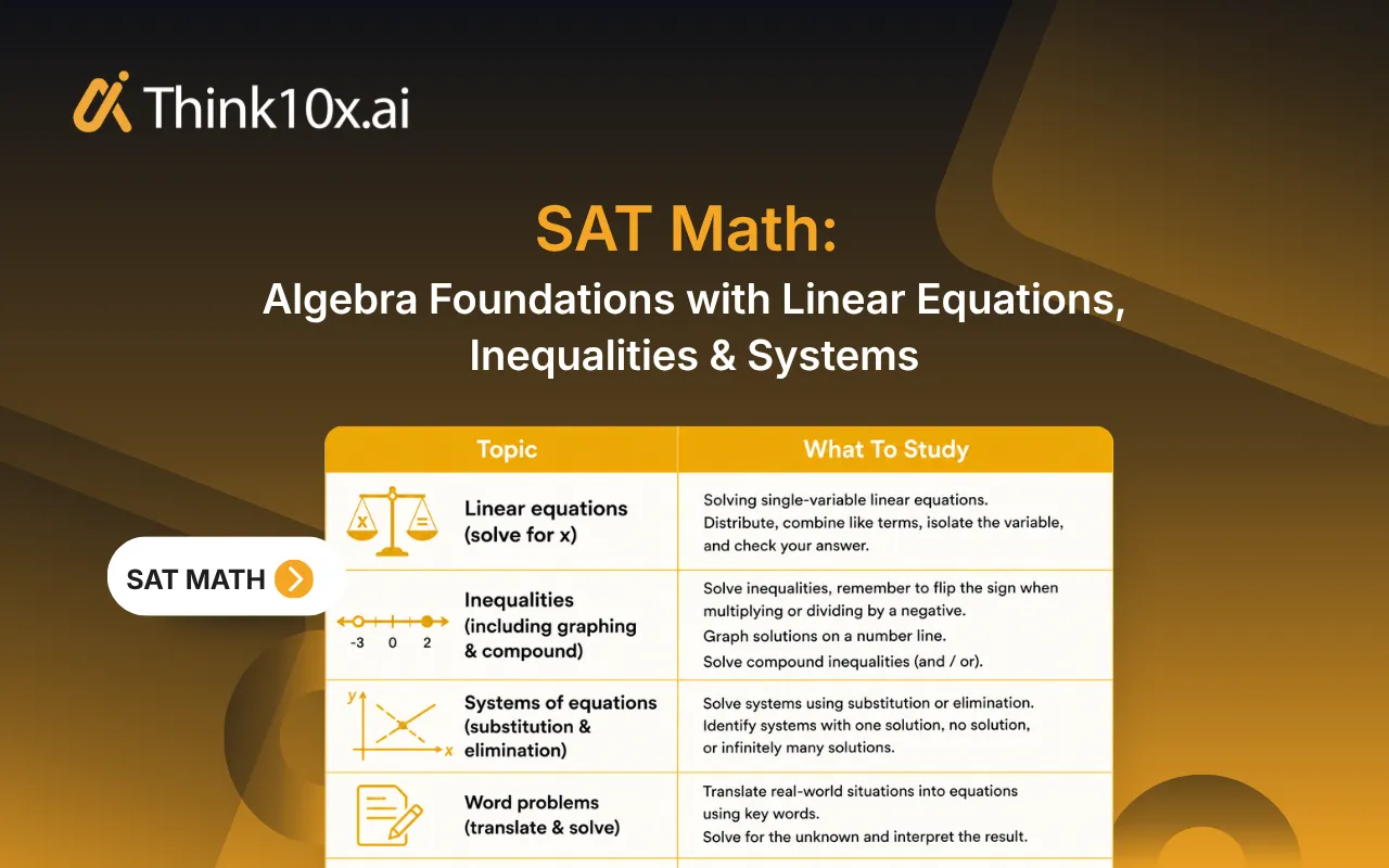 Algebra problems guide for SAT Math covering linear equations, inequalities, and systems.